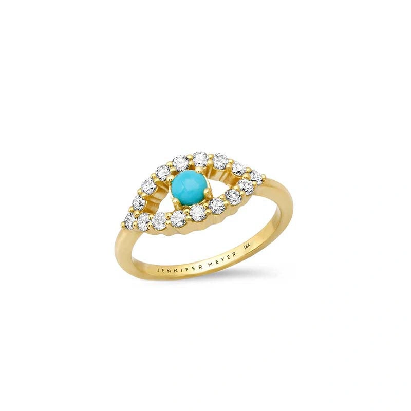 Jennifer Meyer Medium Diamond Open Evil Eye Ring with Turquoise Center in 18K Yellow Gold Jennifer Meyer Medium Diamond Open Evil Eye Ring with Turquoise Center in 18K Yellow Gold | Fine Rings | Coveti