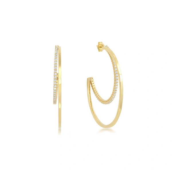 Jennifer Meyer Medium Double Hoops with 4 Prong Diamond Accent in 18K Yellow Gold | Fine Earrings | Coveti