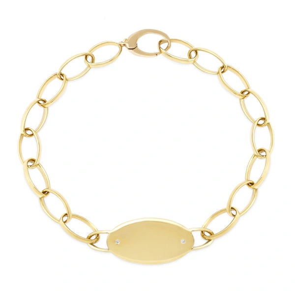 Jennifer Meyer Medium Edith Link Bracelet with Oval Engravable Nameplate and Diamond Accents in 18K Yellow Gold | Fine Bracelets | Coveti