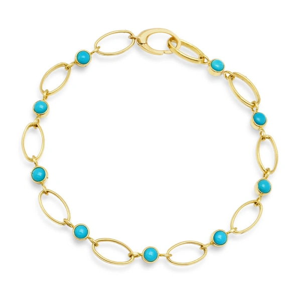 Jennifer Meyer Medium Edith Link Bracelet with Turquoise Bezel Accents in 18K Yellow Gold | Fine Bracelets | Coveti