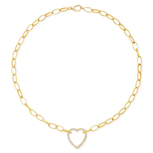 Jennifer Meyer Medium Edith Link Necklace with Diamond Open Heart Accent in 18K Yellow Gold | Fine Necklaces | Coveti