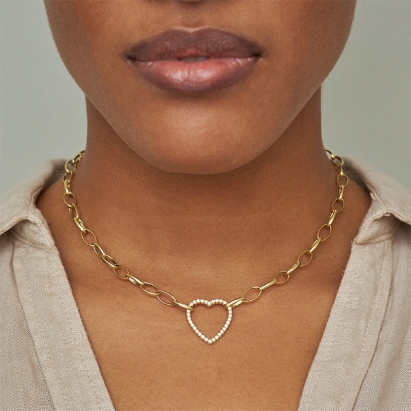 Jennifer Meyer Medium Edith Link Necklace with Diamond Open Heart Accent in 18K Yellow Gold | Fine Necklaces | Coveti