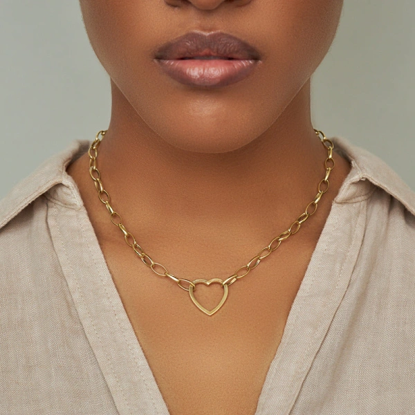 Jennifer Meyer Medium Edith Link Necklace with Large Open Heart Accent in 18K Yellow Gold | Fine Necklaces | Coveti