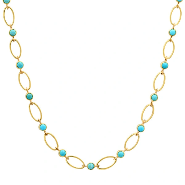Jennifer Meyer Medium Edith Link Necklace with Turquoise Bezel Accents in 18K Yellow Gold | Fine Necklaces | Coveti