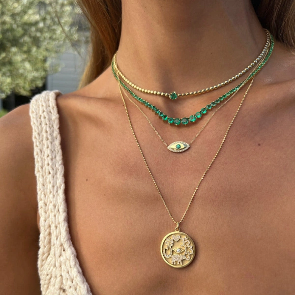 Jennifer Meyer Medium Evil Eye Necklace with Emerald Center in 18K Yellow Gold | Fine Necklaces | Coveti