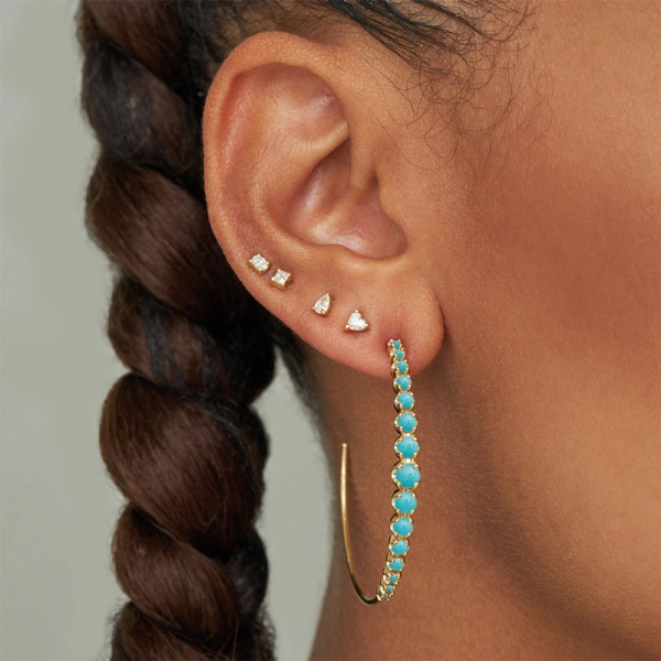 Jennifer Meyer Medium Graduated Turquoise Hoops in 18K Yellow Gold | Fine Earrings | Coveti