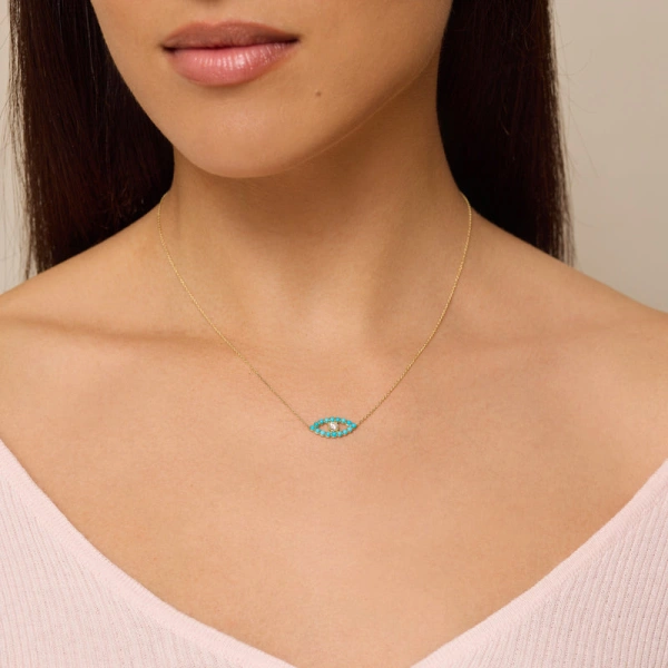 Jennifer Meyer Medium Turquoise Open Evil Eye Necklace with Diamond Center in 14K Yellow Gold | Fine Necklaces | Coveti