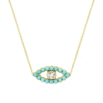 Jennifer Meyer Medium Turquoise Open Evil Eye Necklace with Diamond Center in 14K Yellow Gold | Fine Necklaces | Coveti
