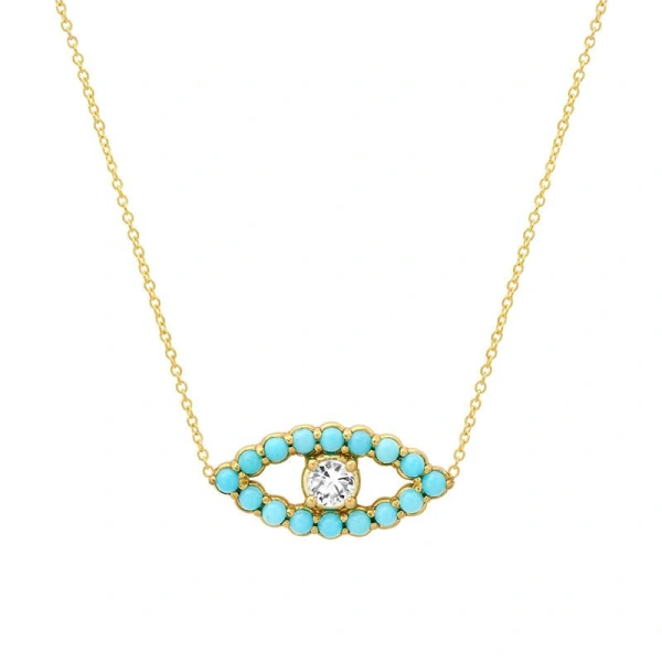 Jennifer Meyer Medium Turquoise Open Evil Eye Necklace with Diamond Center in 14K Yellow Gold | Fine Necklaces | Coveti