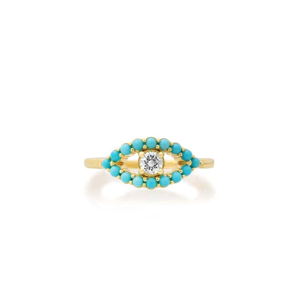 Jennifer Meyer Medium Turquoise Open Evil Eye Ring with Diamond Center in 18K Yellow Gold | Fine Rings | Coveti