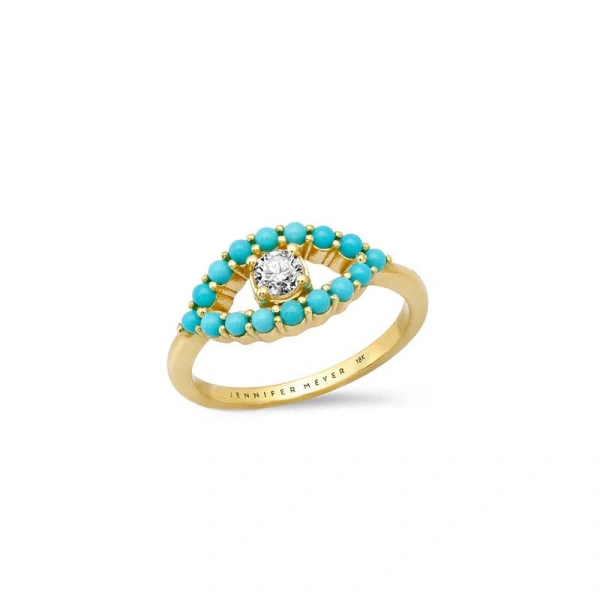 Jennifer Meyer Medium Turquoise Open Evil Eye Ring with Diamond Center in 18K Yellow Gold | Fine Rings | Coveti