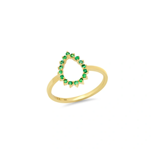 Jennifer Meyer Mini 3 Prong Emerald Open Teardrop Ring in 18K Yellow Gold | Fine Rings | Coveti