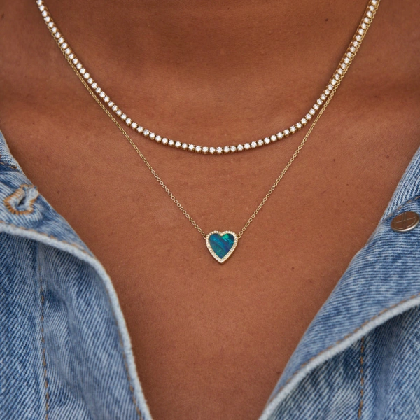 Jennifer Meyer Mini Blue Boulder Opal Inlay Heart Necklace with Diamonds in 18K Yellow Gold | Fine Necklaces | Coveti