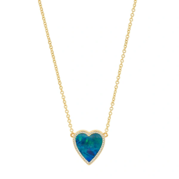 Jennifer Meyer Mini Blue Boulder Opal Inlay Heart Necklace with Diamonds in 18K Yellow Gold | Fine Necklaces | Coveti