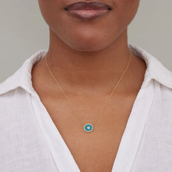 Jennifer Meyer Mini Blue Boulder Opal and Diamond Inlay Evil Eye Necklace in 18K Yellow Gold | Fine Necklaces | Coveti