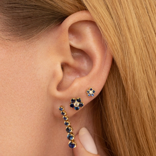 Jennifer Meyer Mini Blue Sapphire Flower Studs with Diamond Center in 18K Yellow Gold | Fine Earrings | Coveti