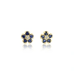 Jennifer Meyer Mini Blue Sapphire Flower Studs with Diamond Center in 18K Yellow Gold | Fine Earrings | Coveti