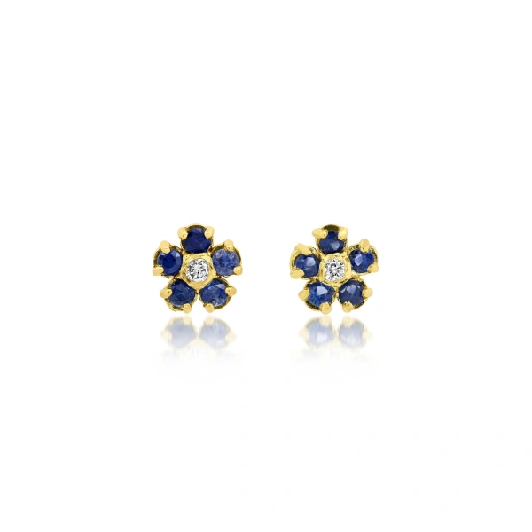 Jennifer Meyer Mini Blue Sapphire Flower Studs with Diamond Center in 18K Yellow Gold | Fine Earrings | Coveti