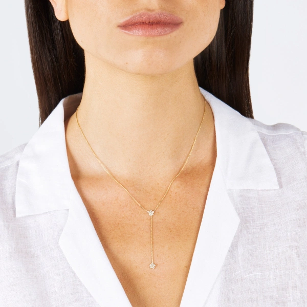 Jennifer Meyer Mini Diamond Flower Lariat in 18K Yellow Gold | Fine Necklaces | Coveti