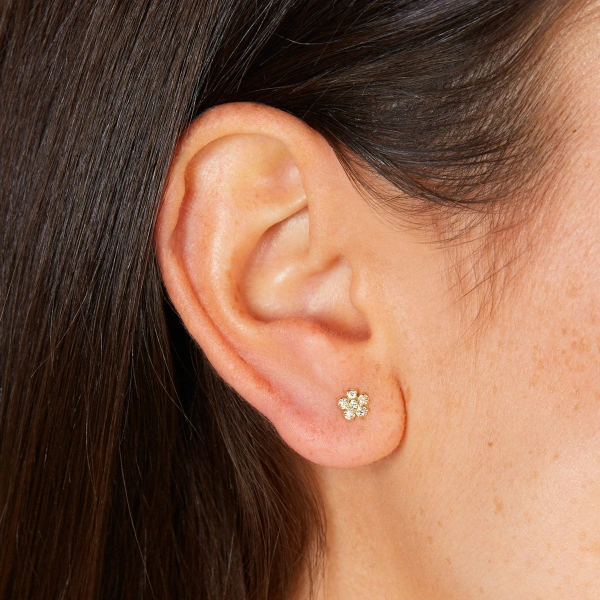 Jennifer Meyer Mini Diamond Flower Studs in 18K Yellow Gold | Fine Earrings | Coveti