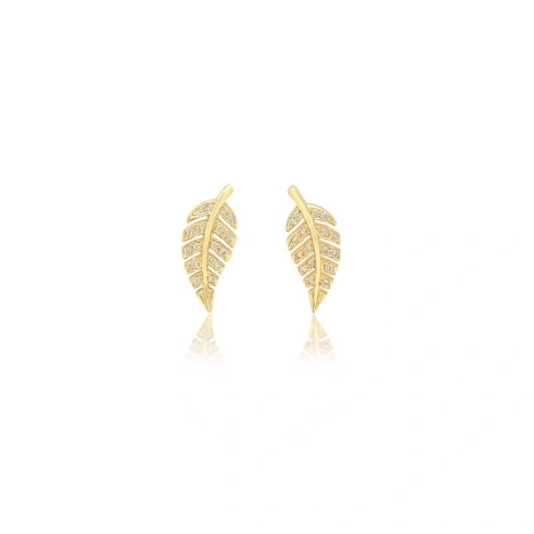 Jennifer Meyer Mini Diamond Leaf Studs in 18K Yellow Gold | Fine Earrings | Coveti