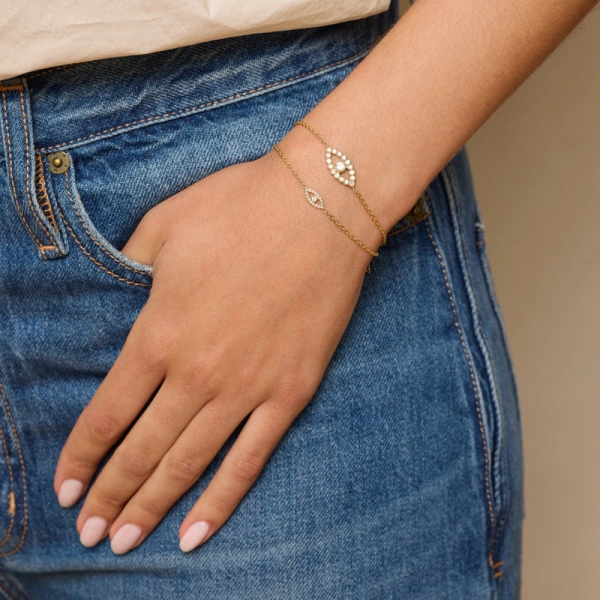Jennifer Meyer Mini Diamond Open Evil Eye Bracelet in 18K Yellow Gold | Fine Bracelets | Coveti