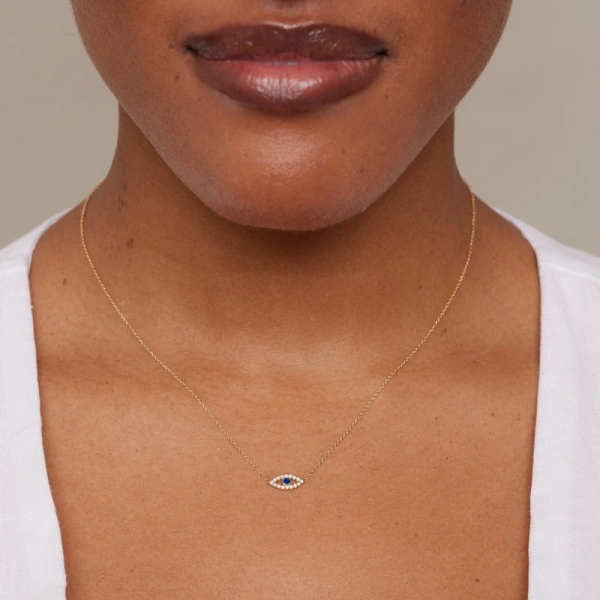 Jennifer Meyer Mini Diamond Open Evil Eye Necklace with Blue Sapphire Center in 18K Yellow Gold | Fine Necklaces | Coveti