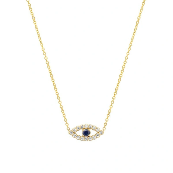 Jennifer Meyer Mini Diamond Open Evil Eye Necklace with Blue Sapphire Center in 18K Yellow Gold | Fine Necklaces | Coveti