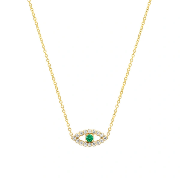Jennifer Meyer Mini Diamond Open Evil Eye Necklace with Emerald Center in 18K Yellow Gold | Fine Necklaces | Coveti