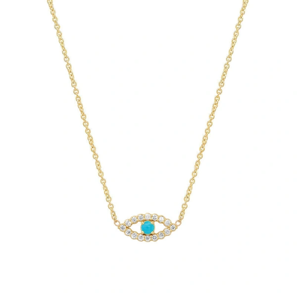 Jennifer Meyer Mini Diamond Open Evil Eye Necklace with Turquoise Center in 18K Yellow Gold | Fine Necklaces | Coveti