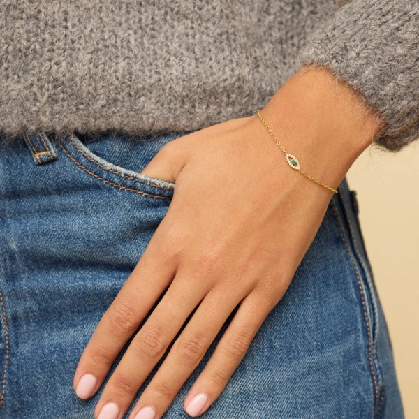 Jennifer Meyer Mini Diamond Open Evil Eye with Emerald Center Bracelet in 18K Yellow Gold | Fine Bracelets | Coveti