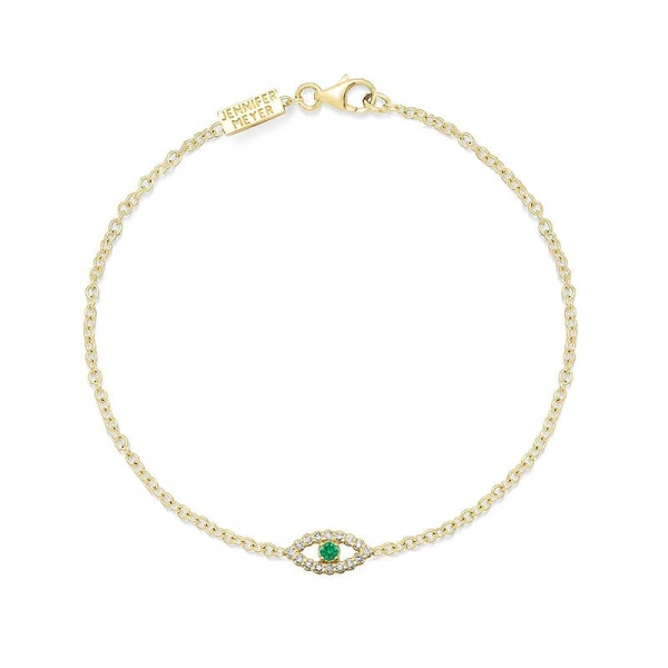 Jennifer Meyer Mini Diamond Open Evil Eye with Emerald Center Bracelet in 18K Yellow Gold | Fine Bracelets | Coveti