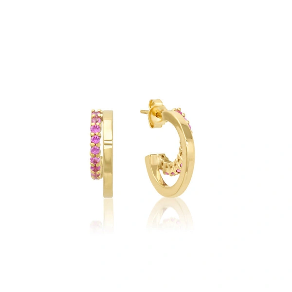 Jennifer Meyer Mini Double Hoop with 4 Prong Pink Sapphire Accent in 18K Yellow Gold | Fine Earrings | Coveti