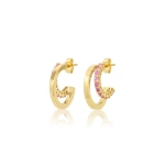 Jennifer Meyer Mini Double Hoop with 4 Prong Pink Sapphire Accent in 18K Yellow Gold | Fine Earrings | Coveti