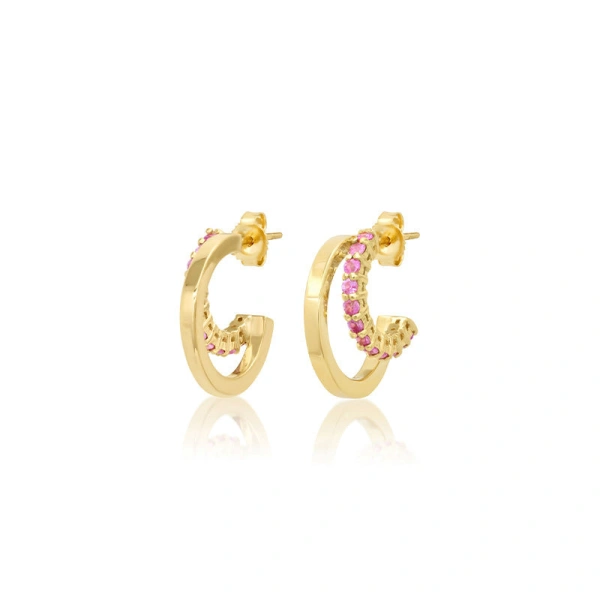 Jennifer Meyer Mini Double Hoop with 4 Prong Pink Sapphire Accent in 18K Yellow Gold | Fine Earrings | Coveti