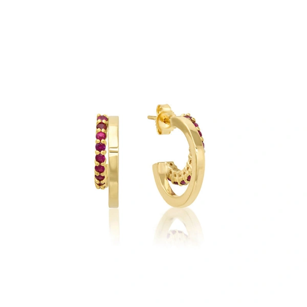 Jennifer Meyer Mini Double Hoop with 4 Prong Ruby Accent in 18K Yellow Gold | Fine Earrings | Coveti