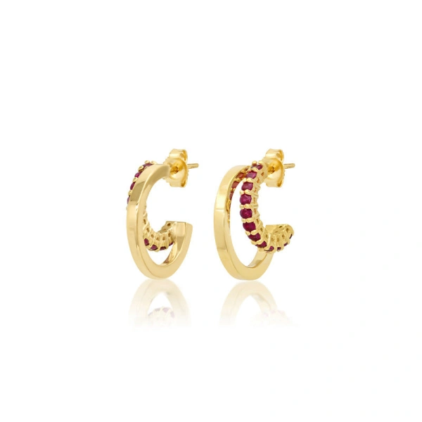 Jennifer Meyer Mini Double Hoop with 4 Prong Ruby Accent in 18K Yellow Gold | Fine Earrings | Coveti