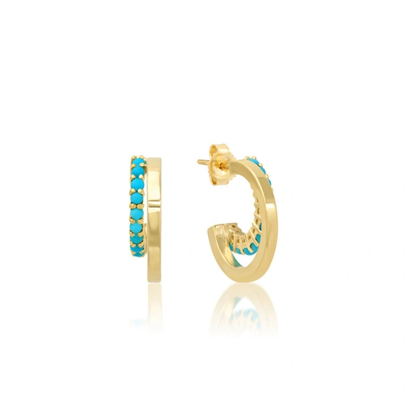 Jennifer Meyer Mini Double Hoop with 4 Prong Turquoise Accent in 18K Yellow Gold | Fine Earrings | Coveti
