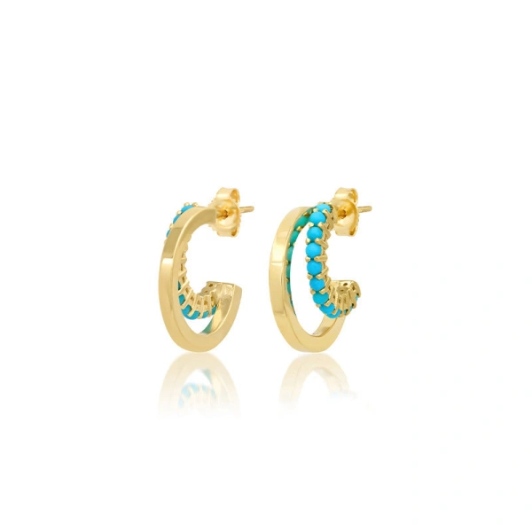 Jennifer Meyer Mini Double Hoop with 4 Prong Turquoise Accent in 18K Yellow Gold | Fine Earrings | Coveti