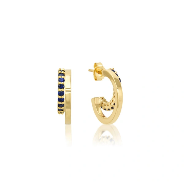 Jennifer Meyer Mini Double Hoops with 4 Prong Blue Sapphire Accent in 18K Yellow Gold | Fine Earrings | Coveti