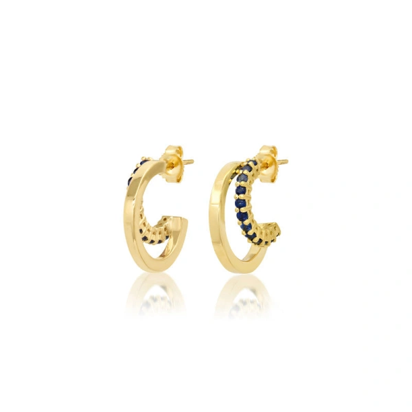 Jennifer Meyer Mini Double Hoops with 4 Prong Blue Sapphire Accent in 18K Yellow Gold | Fine Earrings | Coveti