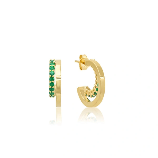 Jennifer Meyer Mini Double Hoops with 4 Prong Emerald Accent in 18K Yellow Gold | Fine Earrings | Coveti