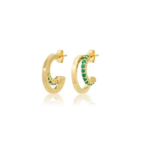 Jennifer Meyer Mini Double Hoops with 4 Prong Emerald Accent in 18K Yellow Gold | Fine Earrings | Coveti