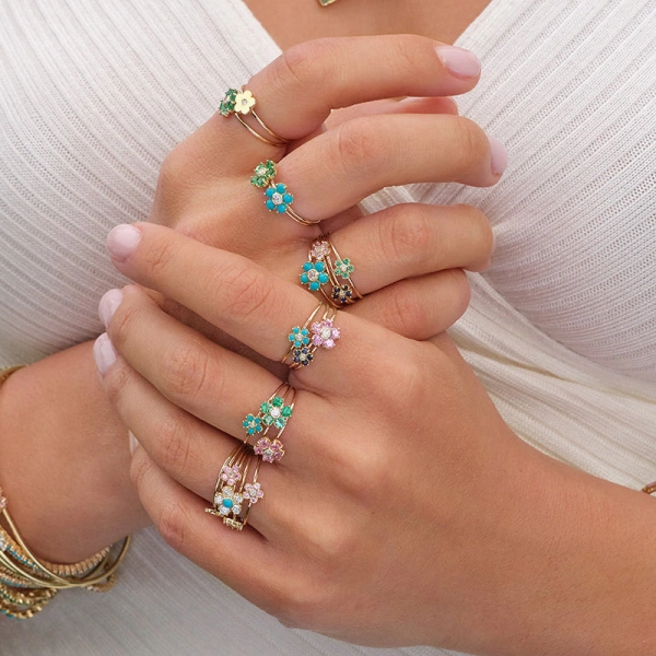 Jennifer Meyer Mini Emerald Flower Ring with Diamond Center in 18K Yellow Gold | Fine Rings | Coveti