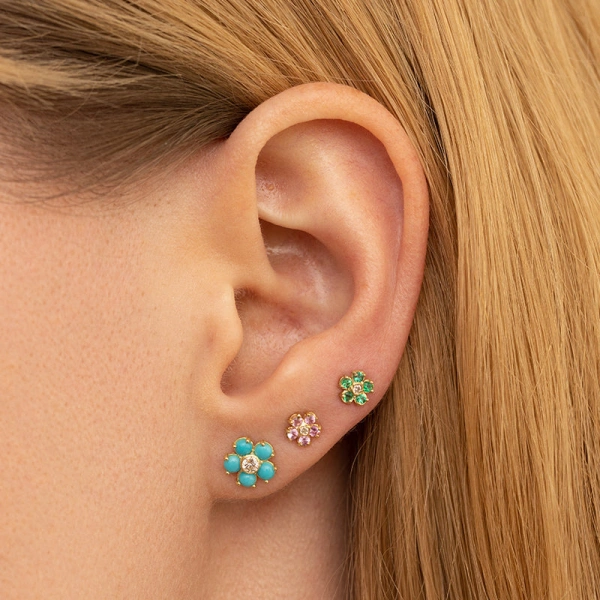 Jennifer Meyer Mini Emerald Flower Studs with Diamond Center in 18K Yellow Gold | Fine Earrings | Coveti
