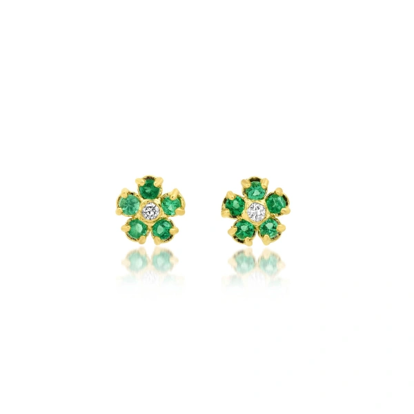 Jennifer Meyer Mini Emerald Flower Studs with Diamond Center in 18K Yellow Gold | Fine Earrings | Coveti