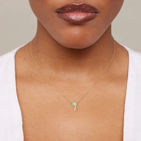 Jennifer Meyer Mini Emerald and Diamond Palm Tree Necklace in 18K Yellow Gold | Fine Necklaces | Coveti