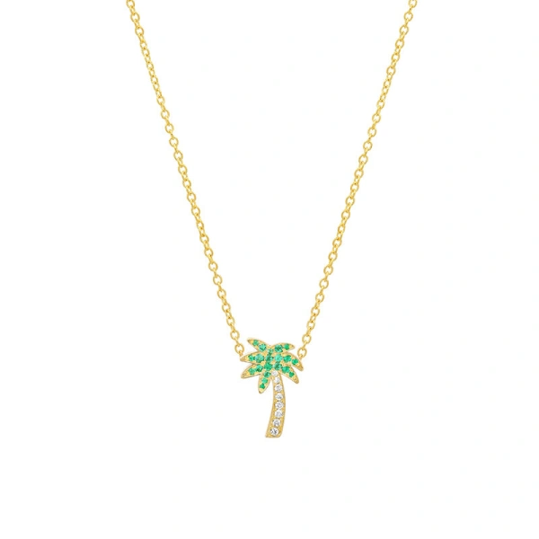 Jennifer Meyer Mini Emerald and Diamond Palm Tree Necklace in 18K Yellow Gold | Fine Necklaces | Coveti