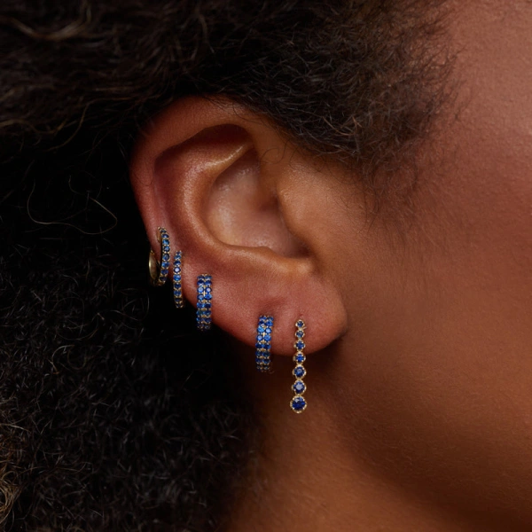 Jennifer Meyer Mini Graduated Blue Sapphire Tennis Studs in 18K Yellow Gold | Fine Earrings | Coveti
