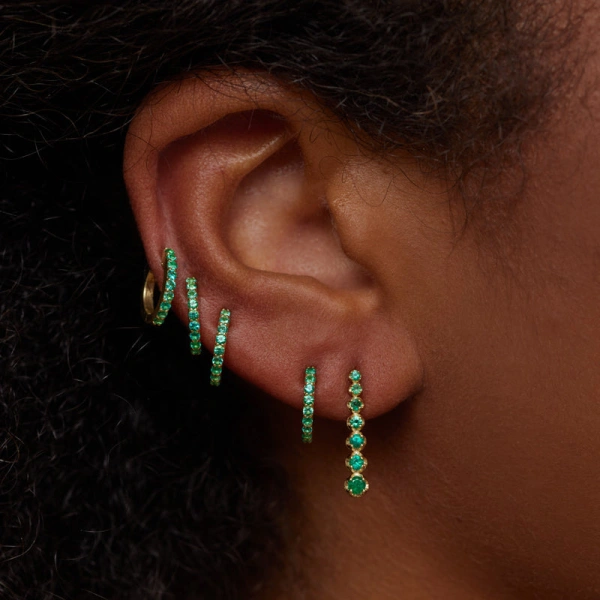 Jennifer Meyer Mini Graduated Emerald Tennis Studs in 18K Yellow Gold | Fine Earrings | Coveti